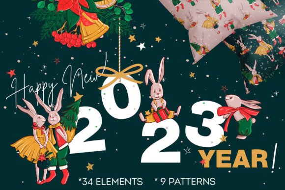 Christmas Clipart Rabbit Seamless Pattern & Illustrations