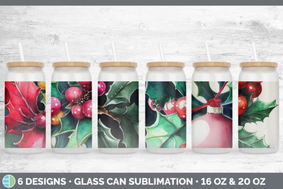 Christmas Holly Glass Can Sublimation: Festive Illustrations
