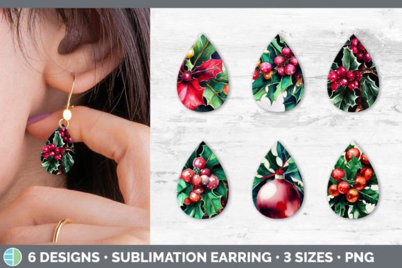 Christmas Holly Teardrop Earring Subli: Festive Illustrations