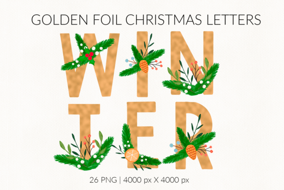 Christmas Wreath Golden Foil Letters: Premium Illustrations