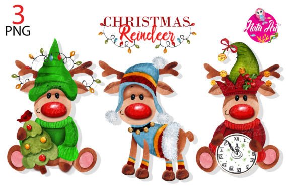 New Year's Christmas Deer Watercolor Illustrations